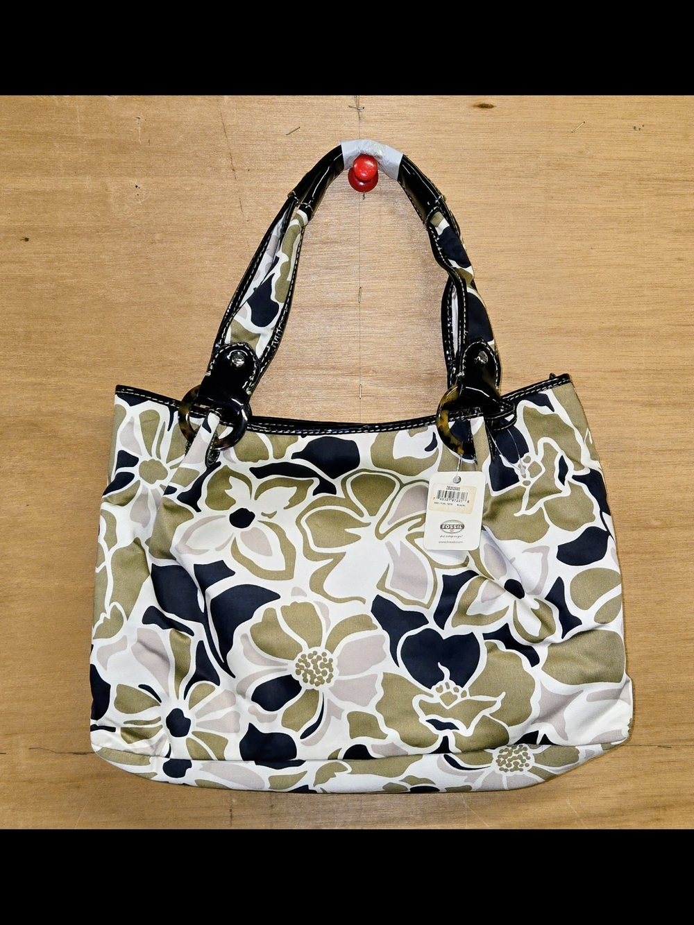 Fossil Floral Shoulder Tote Purse in Olive, Black & Cream